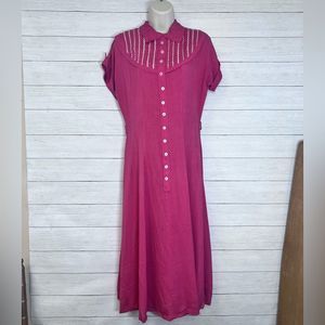 1950s Vintage Judy Palmer Button Placket Linen Prairie Midi Dress Salmon Color💗